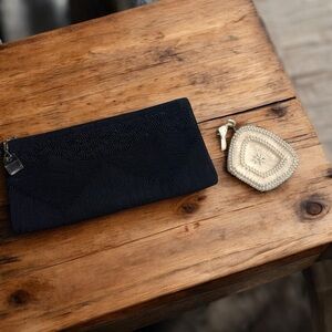 Vintage set of Elegant Black Corded Clutch and Pearl‎ like beaded coin purse